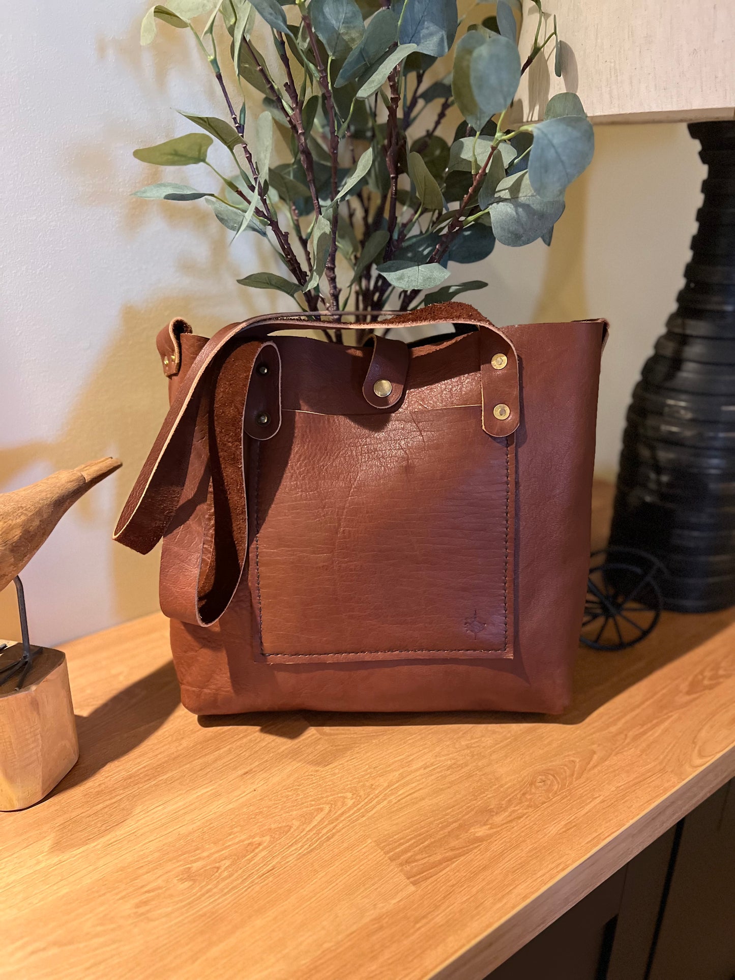 Brown Tote Bag with antique brass hardware and Magnetic closure