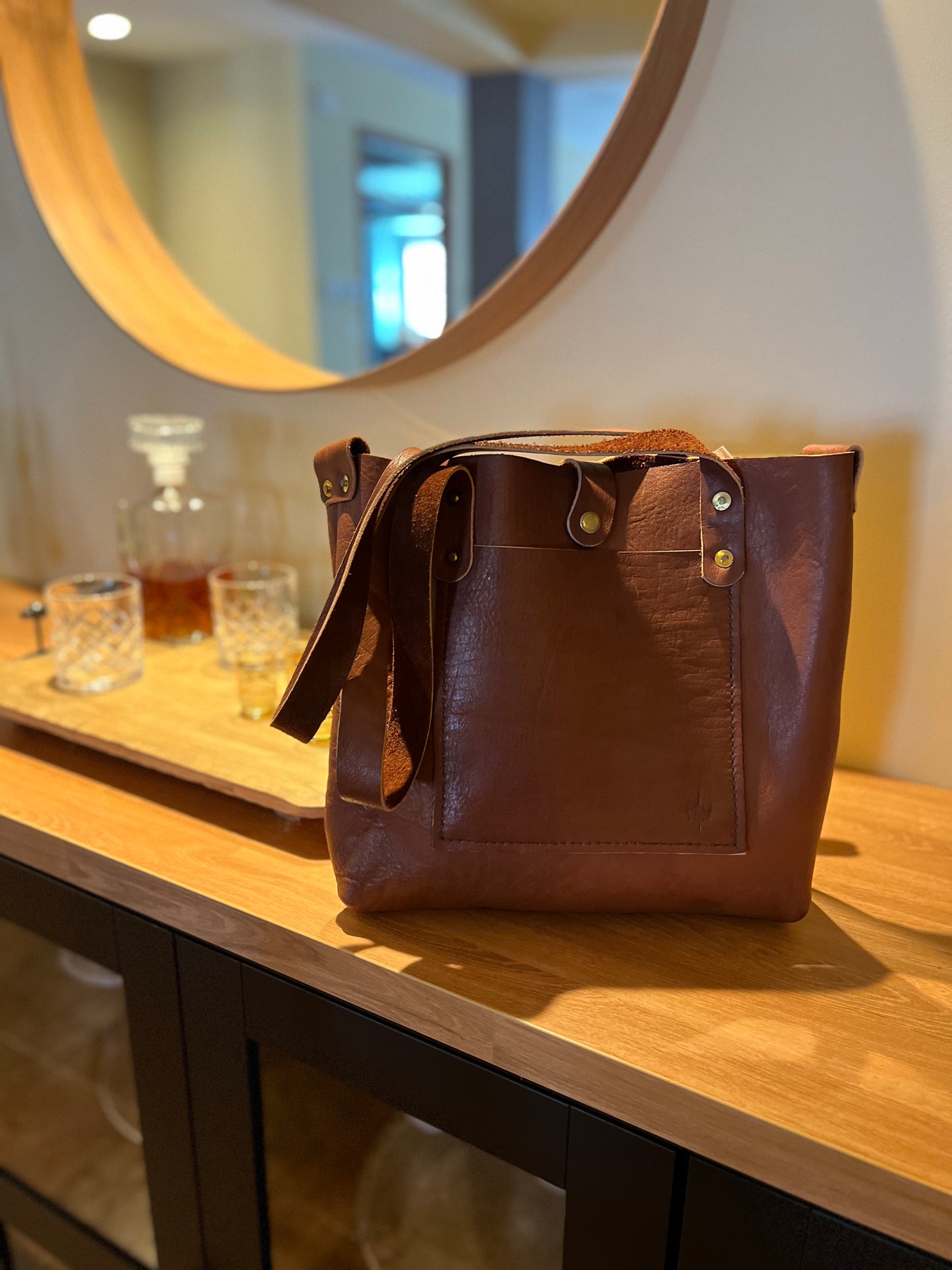 Brown Tote Bag with antique brass hardware and Magnetic closure